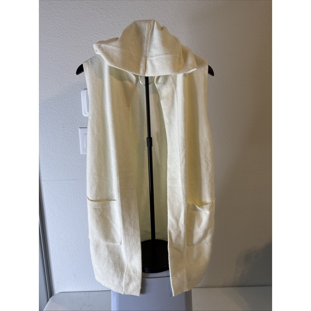 Liz Claiborne Women's Open Front Hooded Sweater Ivory Knit Pockets Sleeve